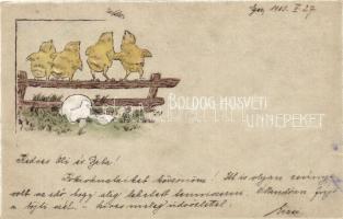 Boldog Húsvéti Ünnepeket / Easter, Chicken on the fence, Emb.