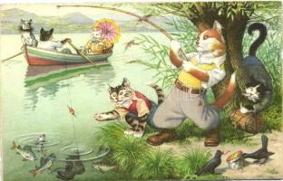 Max Künzli cat postcard No. 4730., fishing