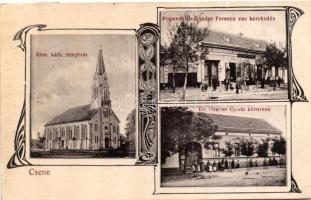 Csene, Cenei; Római katolikus templom, Dr. Gruber Gyula körorvos háza, Popovchich Sándor Ferenc vaskereskedése / church, doctor's house, shop, Art Nouveau (ázott sarok / wet corner)