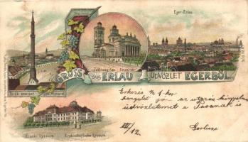 1898 Eger, Erlau; Érseki Líceum, Török mecset, Székesegyház, látkép, kiadja Beznák Gyula könyvkereskedése, Art Nouveau, floral, litho (EK)