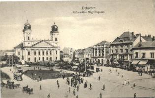 Debrecen, Református Nagytemplom, villamosok, Aszódi és Róth üzlete