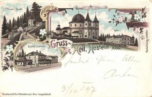 1897 Hostyn, Heil Hostein; Wasser Kapelle, Bahnhof Bistritz a/H., Hotel / chapel, railway station, hotel, floral, Art Nouveau, litho (EB)