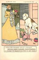 Faragó Géza, Erkölcseink képeslap sorozat. Az állatvédő mama és a gyermekvédő állat, Könyves Kálmán Rt. reklám / Hungarian poor and rich people, book publisher advertisement (cut)