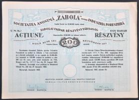 Románia / Bukarest 1922. Zabolai Faipar Részvénytársaság részvénye 200L-ről szelvényekkel T:I-,II Romania / Bucharest 1922. Zabola Wood Industry Company Ltd. share about 200 Lei with coupons C:AU,XF
