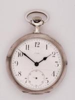 Omega ezüst(Ag) zsebóra, másodpercmutatóval, repedezett számlappal, jelzett, működőképes állapotban, br: 90,2 g