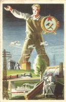 Az Alkotmány 6. paragráfus, Rákosi címer, kommunista propaganda; Művészeti Alkotások / Hungarian communist propaganda card