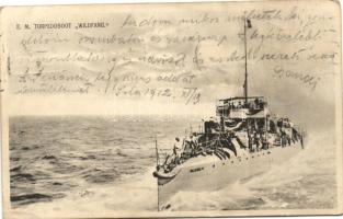 SMS Wildfang, Torpedoboot / a K.u.K. haditengerészet Huszár-osztályú rombolója, a hátoldalon litho osztrák tengerészeti zászlóval / SMS Wildfang, Austro-Hungarian Navy Huszár-class destroyer, on the backside litho Austrian Naval flag (EB)