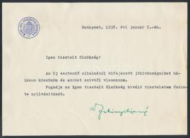 1938 Fabinyi Tihamér(1890-1953) kereskedelemügyi miniszter aláírása újévi üdvözleten