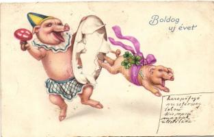 New Year, pig clown, mushroom, Amag 1897. litho (EK)