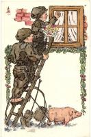 New Year greeting card with chimney sweepers, pig, litho (EK)