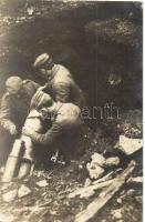 1915 Argonnerwald, WWI K.u.K. soldiers with mine in a pit, photo
