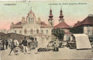 Temesvár, Losonczy tér, szerb templom, piactér; Gerő Manó kiadása / market place, Serbian church