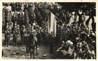 1938 Ipolyság, Sahy; bevonulás, katonazenekar / entry of the Hungarian troops, marching band