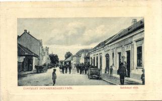 Dunaszerdahely, Széchenyi utca, zsinagóga; kiadja Haar Henrik W. L. Bp. 2106. / street with synagogue, shops