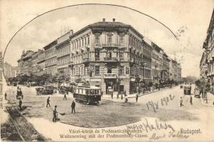 Budapest VI. Váci körút, Podmaniczky utca, Teutsch B. József üzlete, Weiss és Társa betéti társaság, villamosok