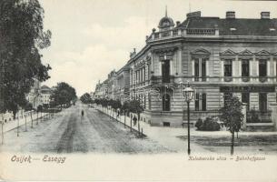 Eszék, Osijek, Esseg; Vasút utca, Bauer Géza fogász / Kolodvorska ulica, Bahnhofstrasse / street, dentist