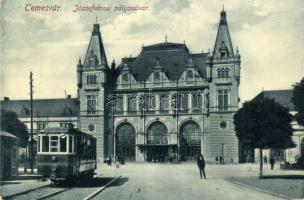 Temesvár, Timisoara; Józsefvárosi pályaudvar, vasútállomás, villamos, kiadja Gerő Manó / railway station, tram (fa)