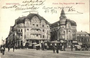 Nagyvárad, Oradea, Fekete Sas Nagyszálloda és Kávéház, utca, villamos, lovaskocsi, áruház / hotel, street, tram, dogcart, shop (EK)