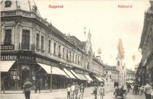 Nagyvárad, Oradea, Rákóczi út, Wéber testvérek áruháza, Klein Géza Ödön üzlete, templom, lovaskocsi, út / shops, church, horse carriage, street (fl)