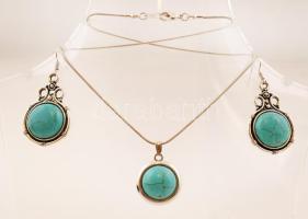 Bizsu nyaklánc türkiz medállal és fülbevalóval, 40cm,   újszerű állapotban