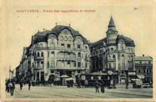 Nagyvárad, Oradea, Fekete Sas Nagyszálloda és Kávéház, Részvénytársaság, Ernyei Lajos Alkalmi Áruháza, Magyar Bank, utca, villamos/ hotel, banks, shops, street, tram (EK)