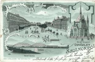 Szolnok, Piac tér, Evangélikus református templom, Vasúti Vashíd, kiadja Bakos István, ezüstözött díszítés, Art Nouveau litho (EK)