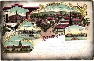 1899 Keszthely, Katolikus főgimnázium, Fő utca, fürdőszigetek, Hullám és Balaton szálló, Gróf Festetics palota, Art Nouveau litho (kis szakadás / small tear)