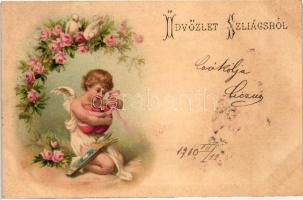 Üdvözlet Szliácsról / greeting card, child, floral, litho (vágott / cut)