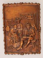 Életképes rezezett fém fali plakett, kis kopásnyomokkal, 21×15 cm