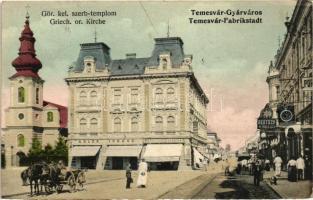 Temesvár, Timisoara; Gyárváros, Görög keleti szerb templom, Csendes és Fischer, Adler Ignác, Klug János és Deutsch R. Rezső üzlete / Greek Orthodox Serbian church, shops (fa)