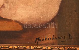 Mesterházy Dénes (?-?): Hírek a nagyvilágból. Olaj,  vászon, jelzett, sérült keretben, 30×40 cm