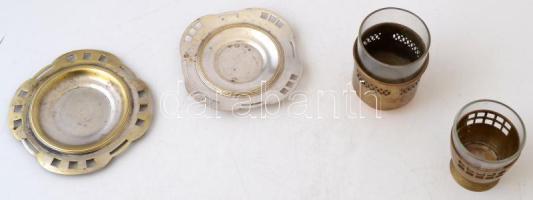 Fém és üveg tétel, 4db-os az egyik csészealj Argentor jelzéssel, m:8cm, d:12cm