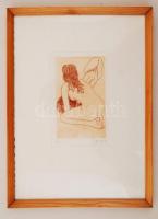 Frédéric Lefort (?-): Kíváncsiság. Színes rézkarc, papír, jelzett, üvegezett keretben, 15×9 cm