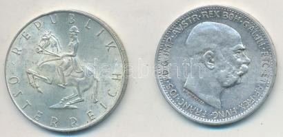 Ausztria 1913 1K Ag + 1968 5Sch Ag T:2,2-  Austria 1913 1 Corona Ag + 1968 5 Schilling Ag C:XF,VF Kr...