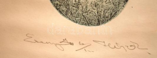 Kis Péter (1957- ): Esernyős, rézkarc, papír, jelzett, számozott, üvegezett fa keretben, 9,5×6 cm