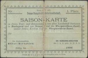 1896 Idényjegy, Duna-Gőzhajózási-Társaság, hajtásnyommal, 7x11cm