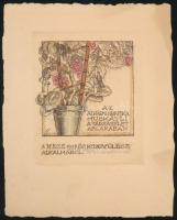 Révész Kornél (1885-1944): "Az alkalmi grafika muskátli a társasélet ablakában", alkalmi kisgrafika, színezett rézkarc, papír, jelzett, hátulján pecséttel jelzett, 9,5×7,5 cm