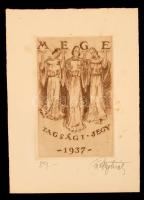 Petry Béla (1902-1996): MEGE tagsági jegy 1937, alkalmi kisgrafika, rézkarc, papír, jelzett, 12×8 cm