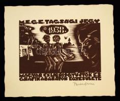 Bordás Ferenc (1911-1982): MEGE tagsági jegy 1938, alkalmi kisgrafika, fametszet, papír, jelzett, 9,5×12 cm