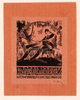 Nagy Árpád Dániel (1922-1985): Rácz Aladár (1886-1958) cimbalomművész ex librise, fametszet, papír, jelzett, 9,5×8 cm