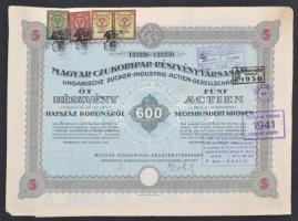 Budapest 1923. "Magyar Czukoripar Részvénytársaság" 5 részvénye egyenként 600K-ról, szelvényekkel, szárazpecséttel és bélyegzésekkel T:III