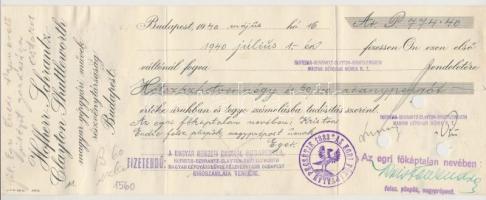 Budapest 1940. Az Egri Főkáptalan pecsétjével ellátott 2db kitöltött váltó illetékbélyegekkel, bélye...