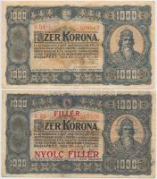 1923. 1000K "8 FILLÉR - NYOLC FILLÉR" felülnyomással + 1923. 1000K "Magyar Pénzjegynyomda Rt. Budapest" T:III,III-