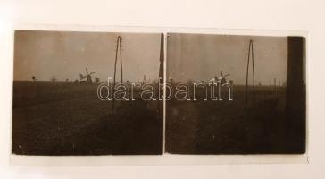 cca 1920 Alföld, sztereó diapozitív képpár üveglemezen egy szélmalomról, 6x13 cm