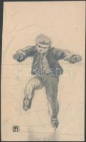 Helbing Ferenc (1870-1958): Korcsolyázó fiú. Ceruza, papír, pecséttel jelzett, 19×11 cm