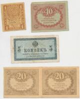 Orosz Birodalom 1915. 5k + 1917. 20R 2-es ívben + 1917. 40R + Szocialista Szövetségi Szovjet Köztársaság 1919. 1R T:II- Russian Empire 1915. 5 Kopek + 1917. 20 Roubles in a sheet of 2 + 1917. 40 Roubles + Russian Socialist Federated Soviet Republic 1919. 1 Rouble C:VF Krause 27,38,39,81