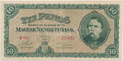 1926. 10P vízjeles papír T:restaurált Hungary 1926. 10 Pengő with watermark C:restored Adamo P7