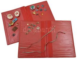 23db-os vegyes magyar jelvény és kitűző tétel, főleg a szocialista időszakból, közte DN "A 10 éves KISZ tagságért" és DN "Élenjáró századparancsnok" valamint úttörő jelvények+ 2db szocialista kitüntetés igazolványához tartozó műbőr tok T:vegyes, zománchiba, egy jelvényen törött pánt