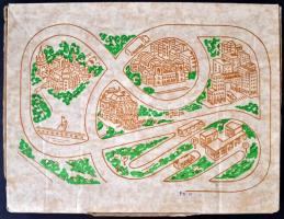 Felhúzhatós kis autók fém pályán,  retró lemez játék, eredeti dobozban, 52x38cm