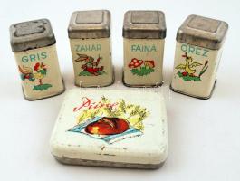 Fém tárolódobozok játék konyhába, 5db, cca 6x4x4cm, 7x8x2cm